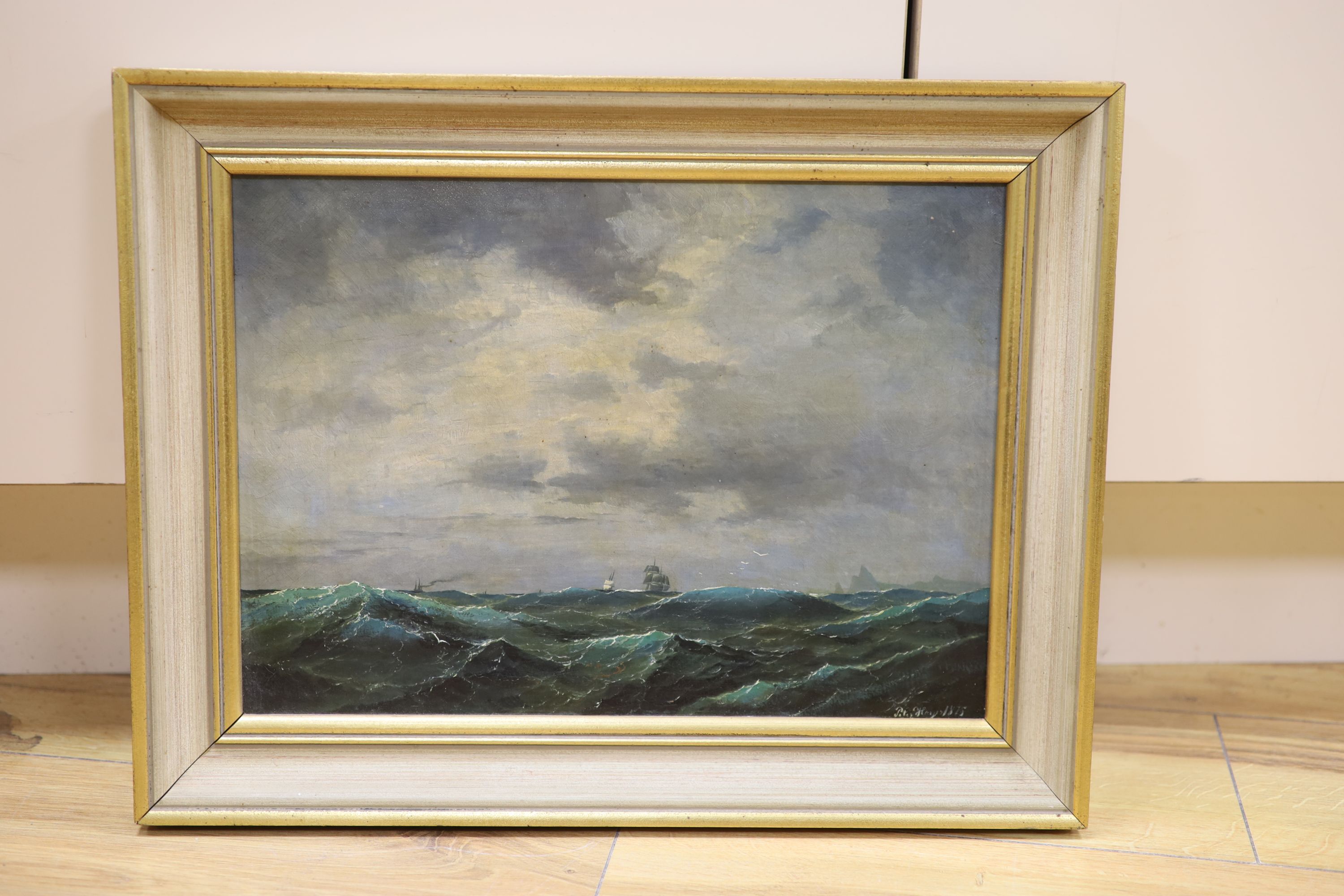 English School (19th century), Shipping on a choppy sea, indistinctly signed and dated 1875, oil on canvas, 26 x 36cm 25.5 x 36cm
